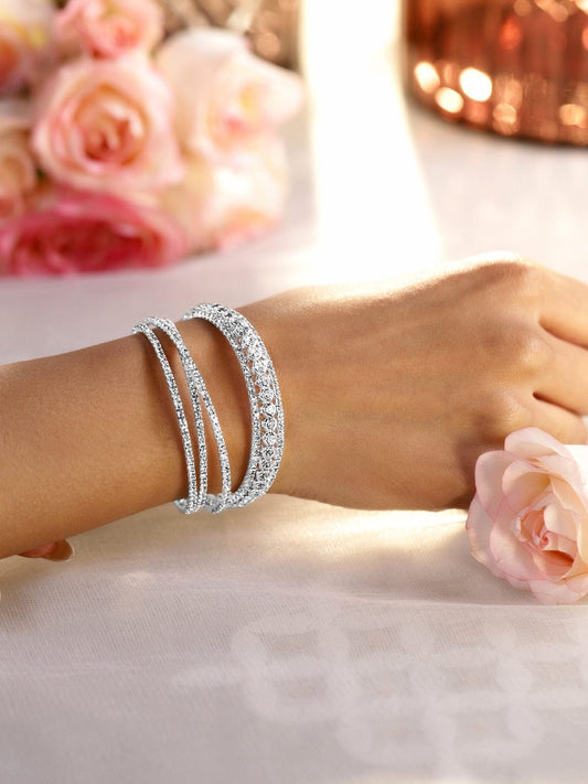 【Rubans】 Rhodium-Plated Crystals Stone Studded Cuff Bracelet｜ロジウムメッキ クリスタル カフブレスレット｜フリーサイズ