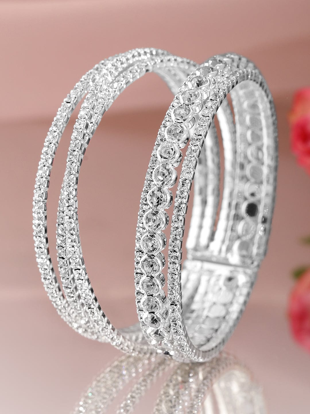 【Rubans】 Rhodium-Plated Crystals Stone Studded Cuff Bracelet｜ロジウムメッキ クリスタル カフブレスレット｜フリーサイズ