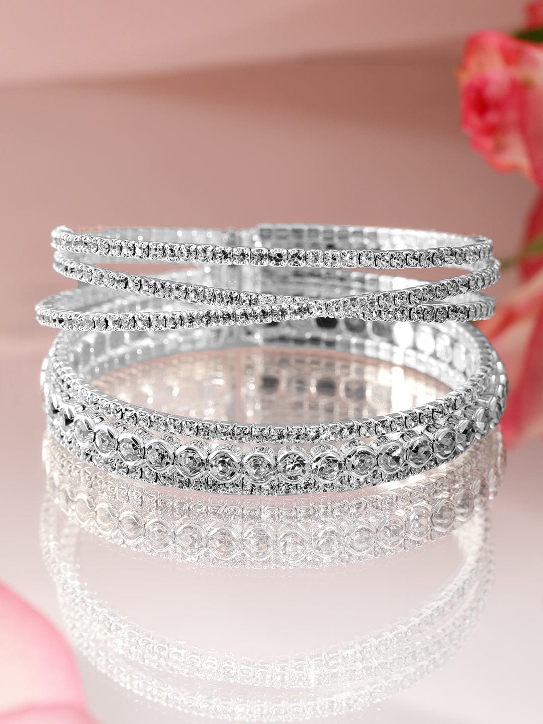 【Rubans】 Rhodium-Plated Crystals Stone Studded Cuff Bracelet｜ロジウムメッキ クリスタル カフブレスレット｜フリーサイズ