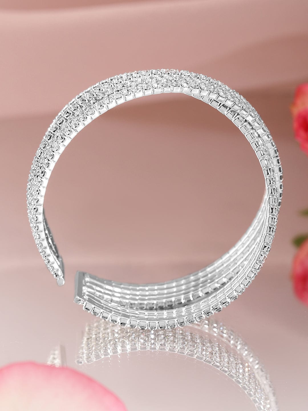 【Rubans】 Rhodium-Plated Crystals Stone Studded Cuff Bracelet｜ロジウムメッキ クリスタルストーン カフブレスレット｜シルバー