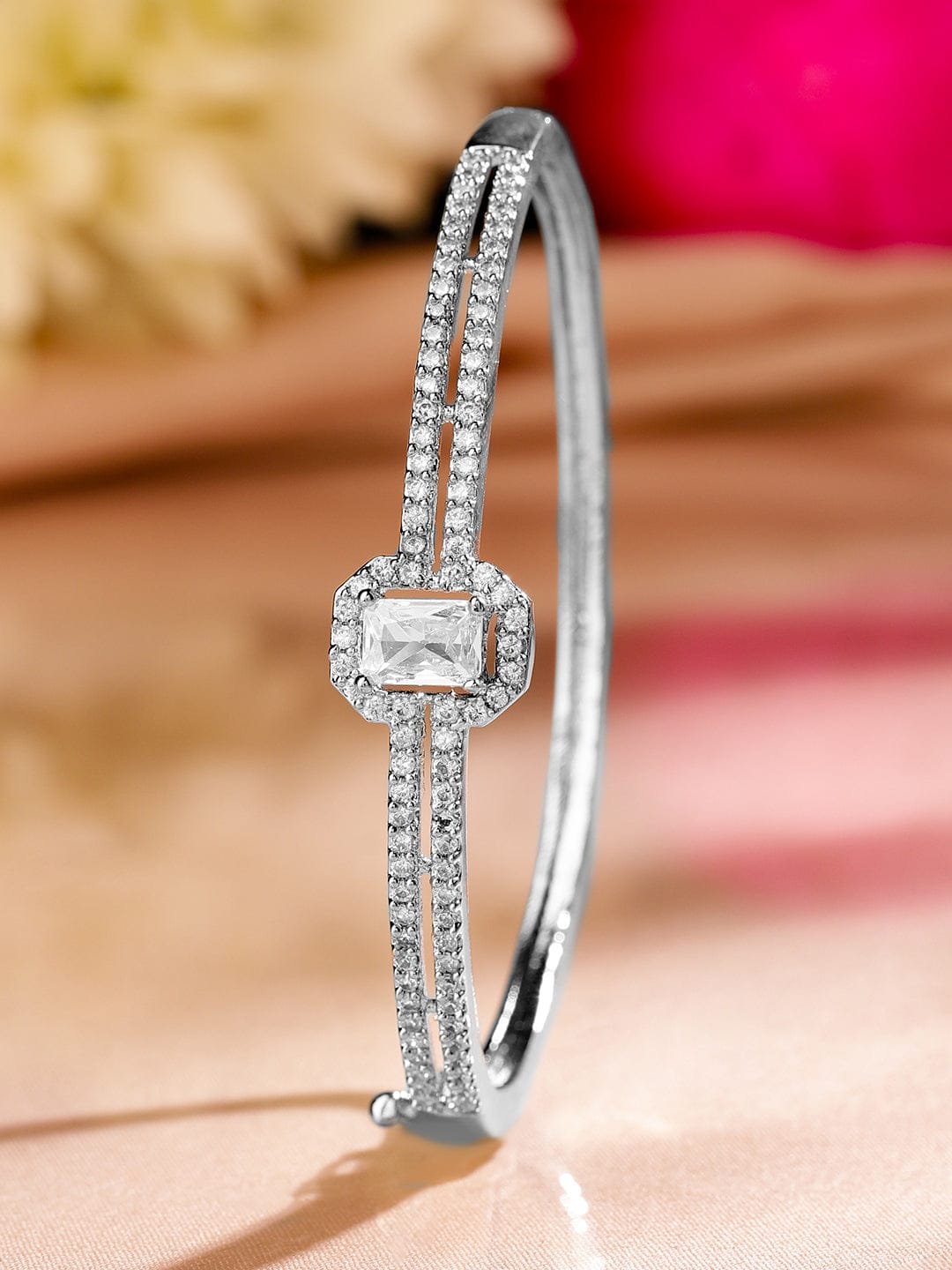 Rubans Rhodium-Plated Cubic Zirconia Dual Band Openable Bracelet â€“ Statement Jewelry Silver
