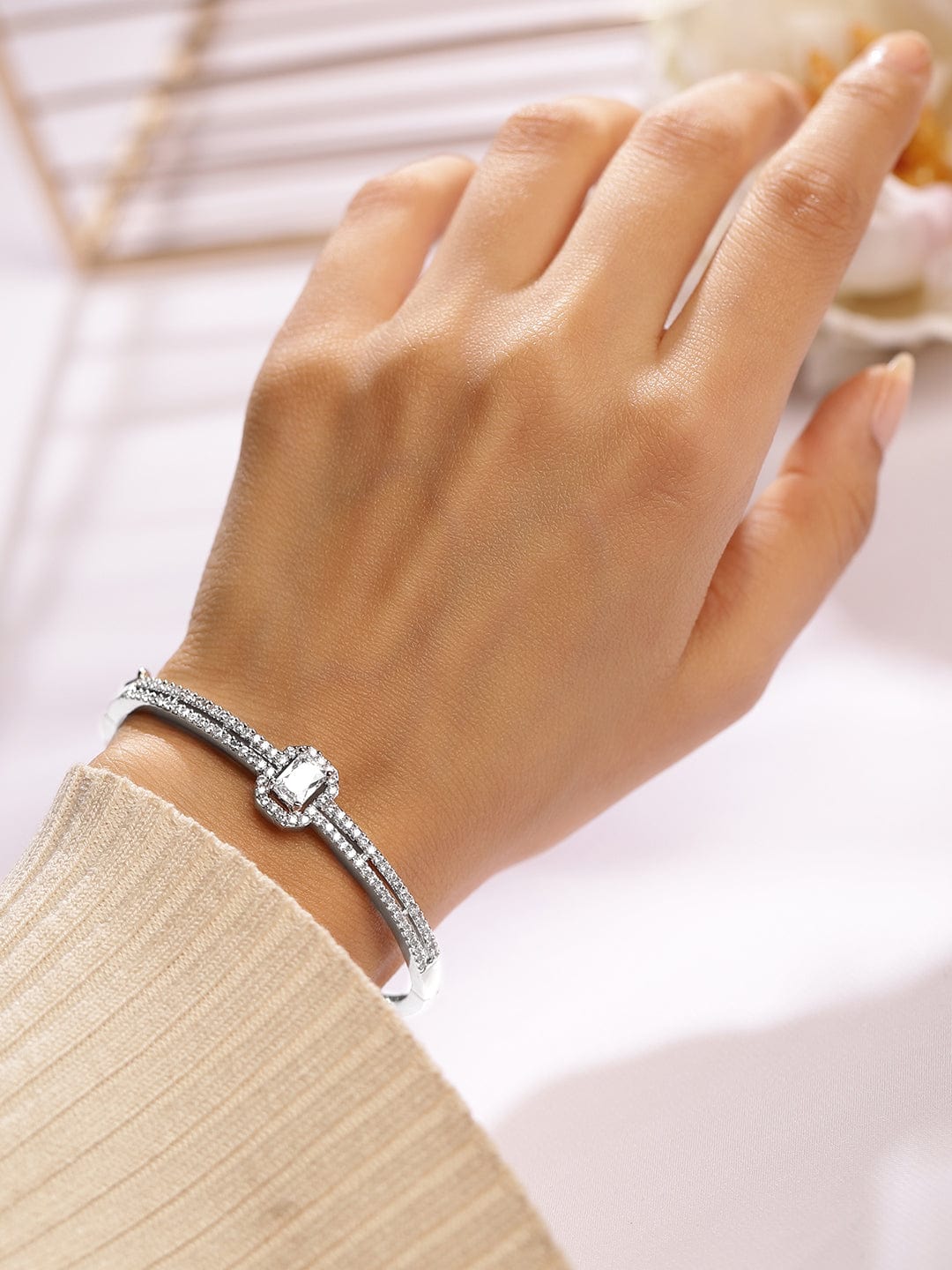 Rubans Rhodium-Plated Cubic Zirconia Dual Band Openable Bracelet â€“ Statement Jewelry Silver