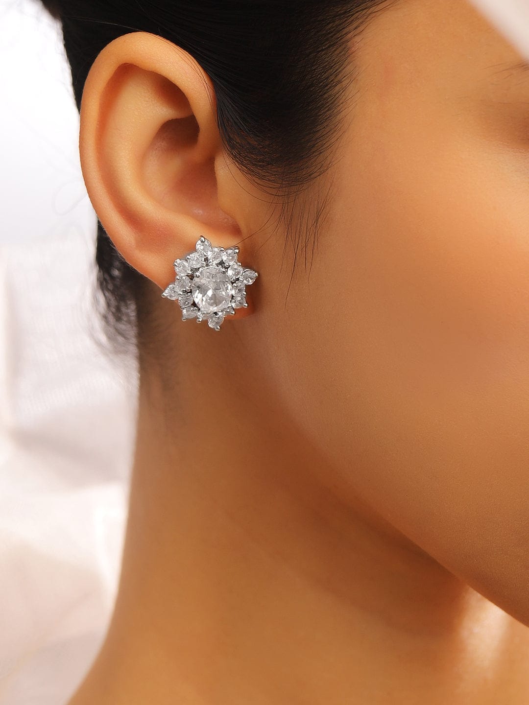 Elegant Floral Cluster American Diamond Zirconia Studs Silver