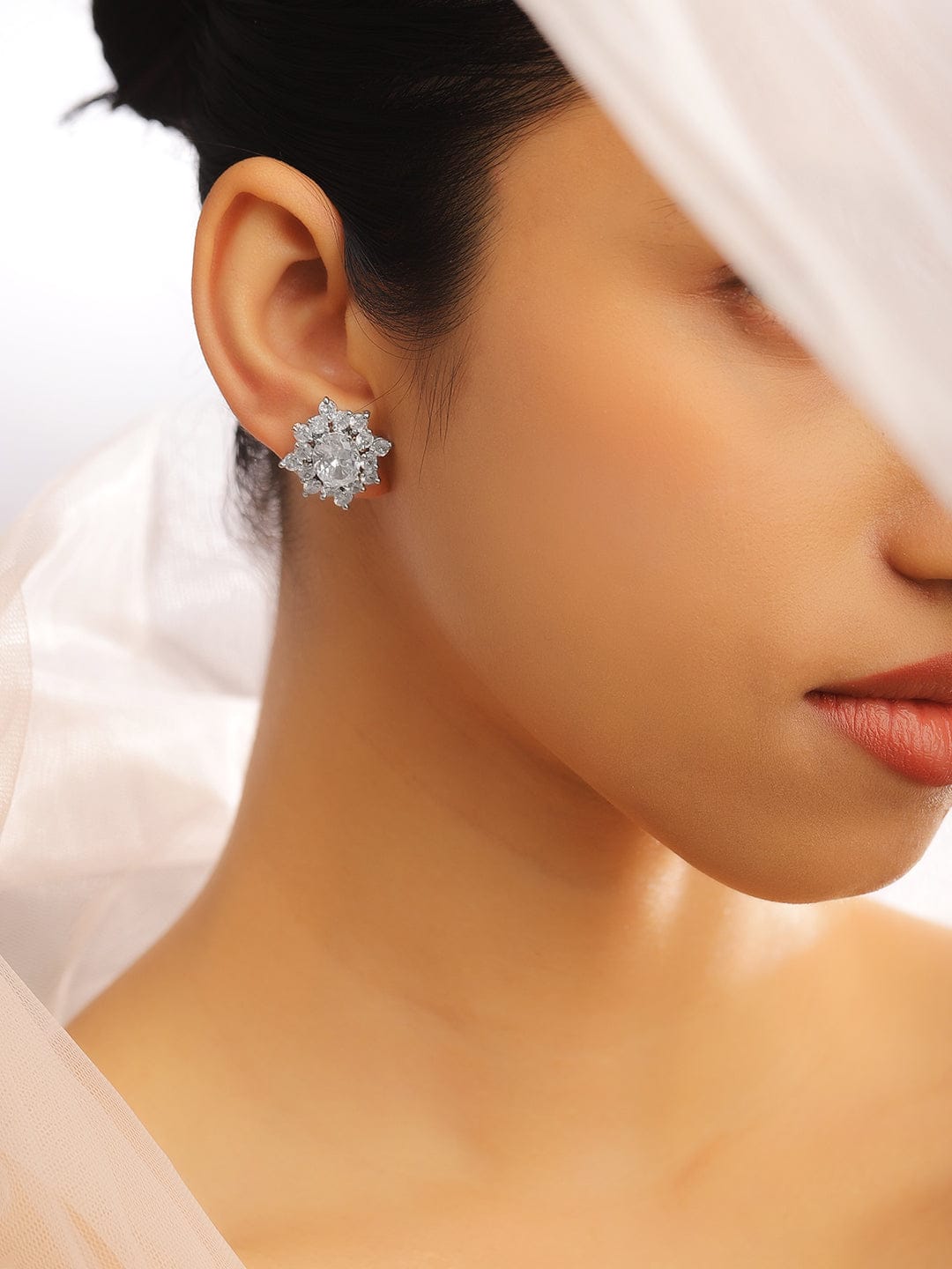 Elegant Floral Cluster American Diamond Zirconia Studs Silver