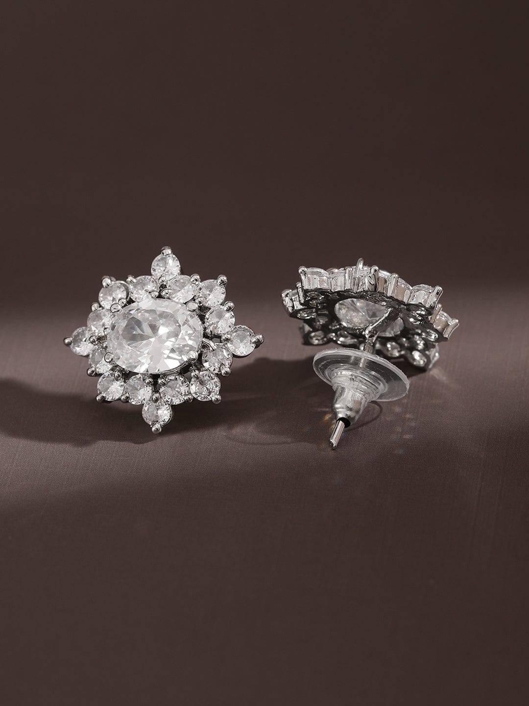 Elegant Floral Cluster American Diamond Zirconia Studs Silver