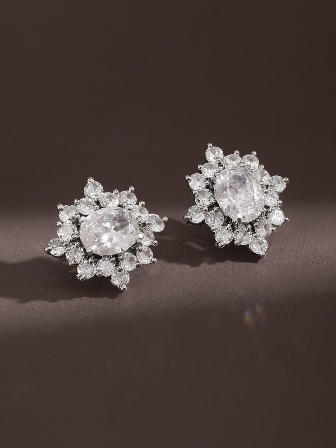 Elegant Floral Cluster American Diamond Zirconia Studs Silver