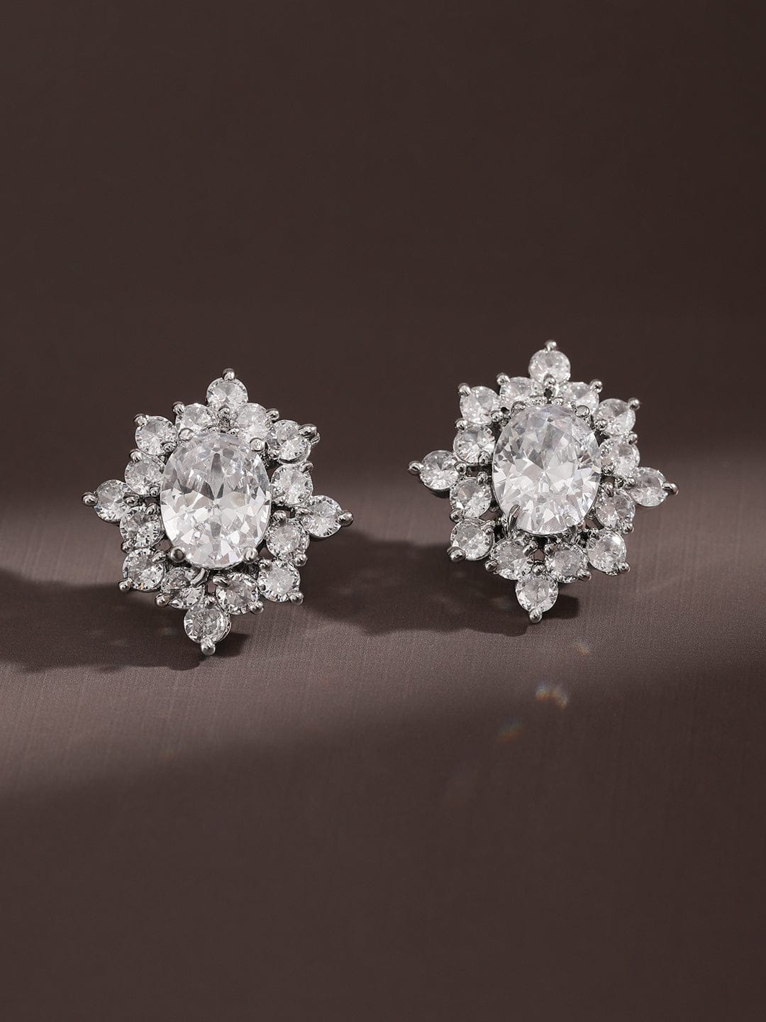 Elegant Floral Cluster American Diamond Zirconia Studs Silver