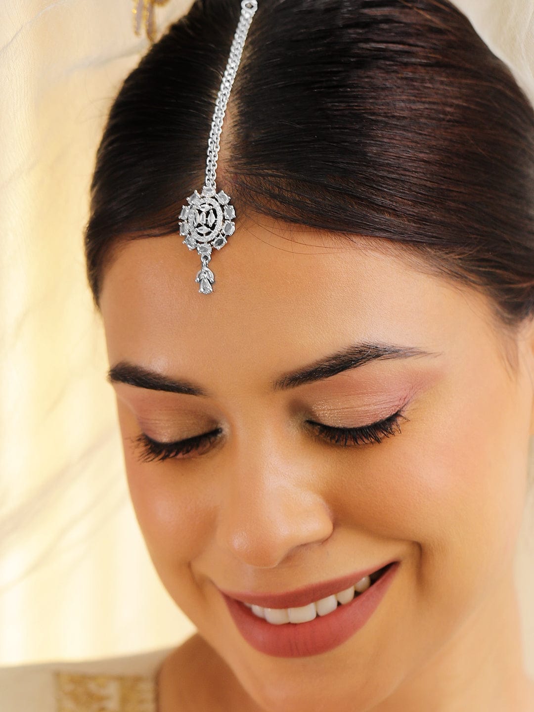 Rubans Rhodium-Plated Cubic Zirconia Maang Tikka Silver