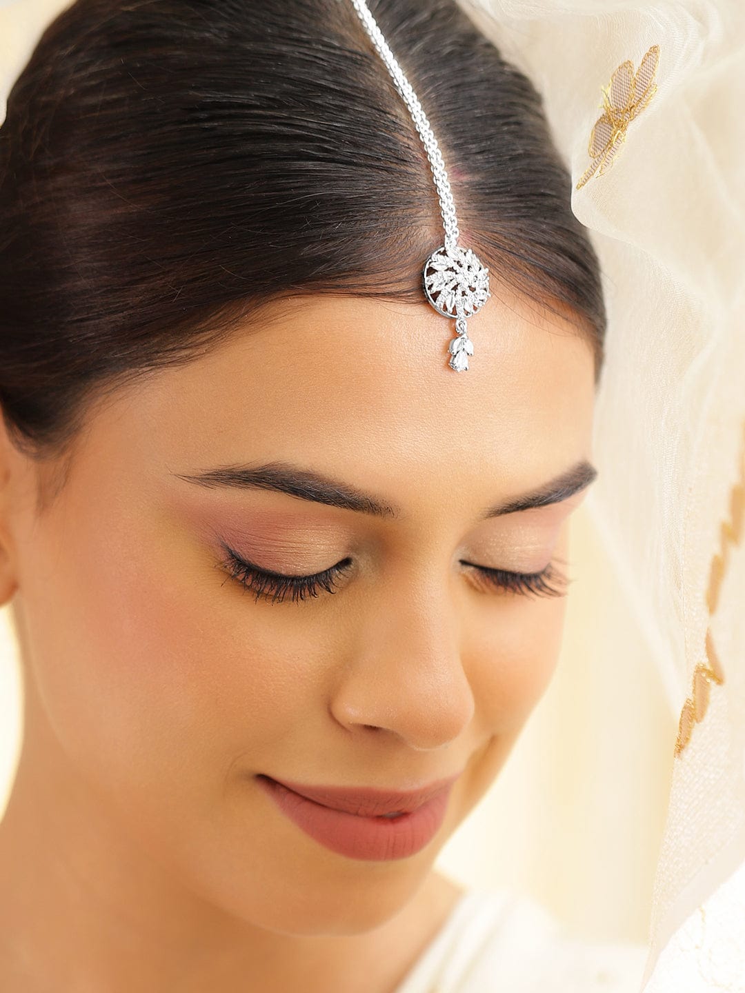 Rubans Rhodium-Plated Cubic Zirconia Maang Tikka Silver