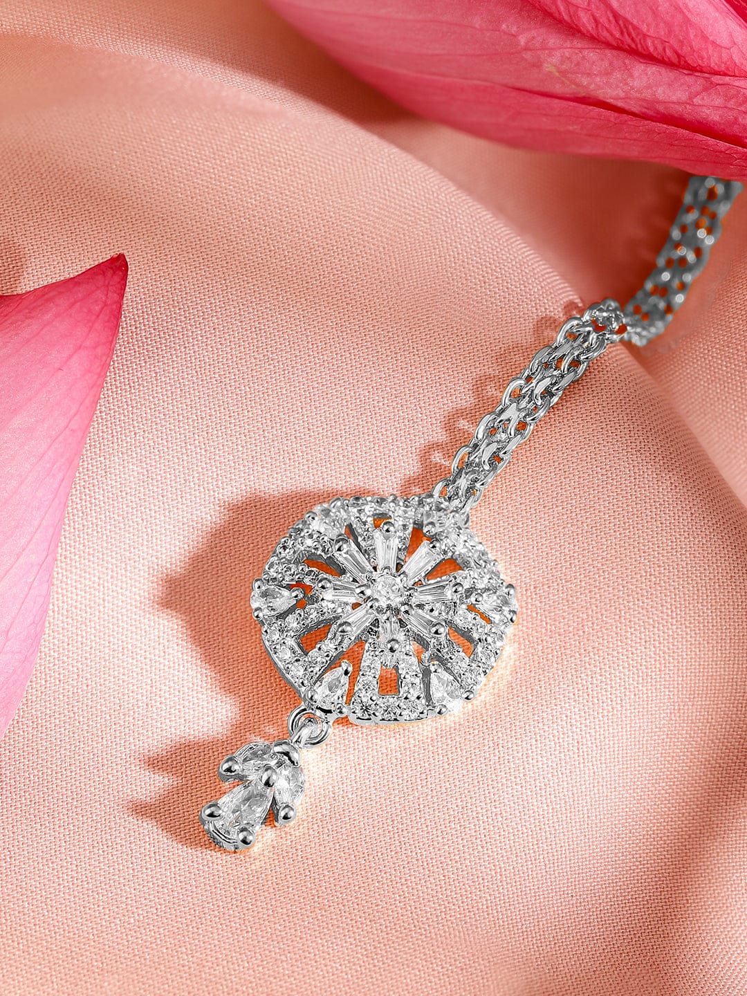 Rubans Rhodium Plated Cubic Zirconia Maang Tikka Silver