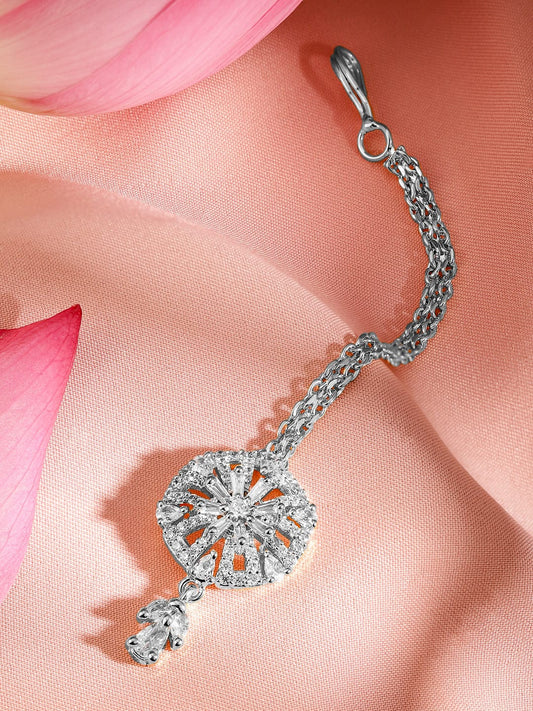 Rubans Rhodium Plated Cubic Zirconia Maang Tikka Silver