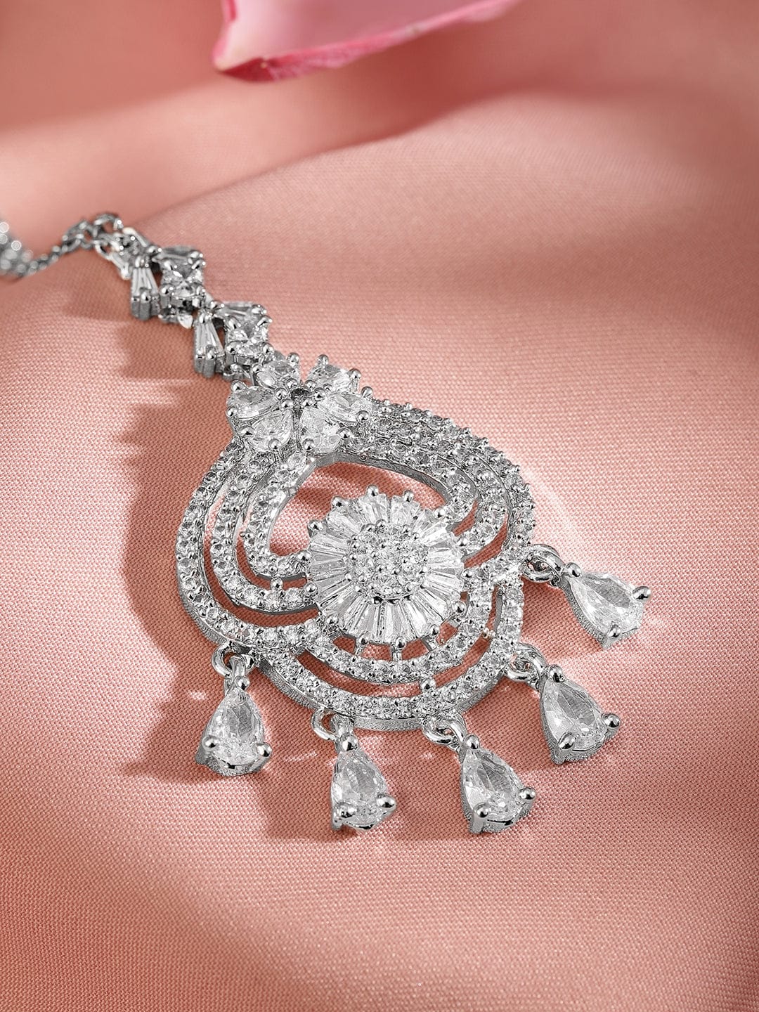 Rubans Rhodium Plated Cubic Zirconia Maang Tikka Silver