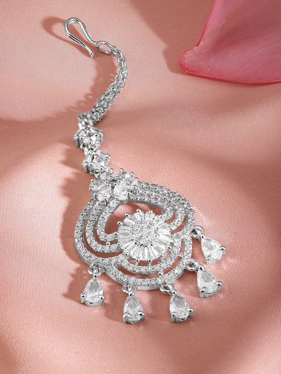 Rubans Rhodium Plated Cubic Zirconia Maang Tikka Silver