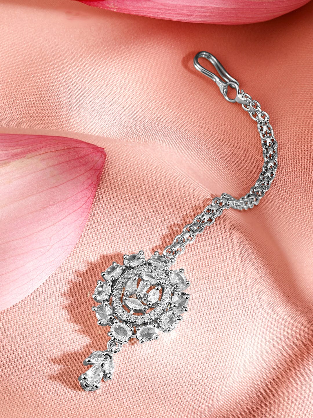 Rubans Rhodium-Plated Cubic Zirconia Maang Tikka Silver