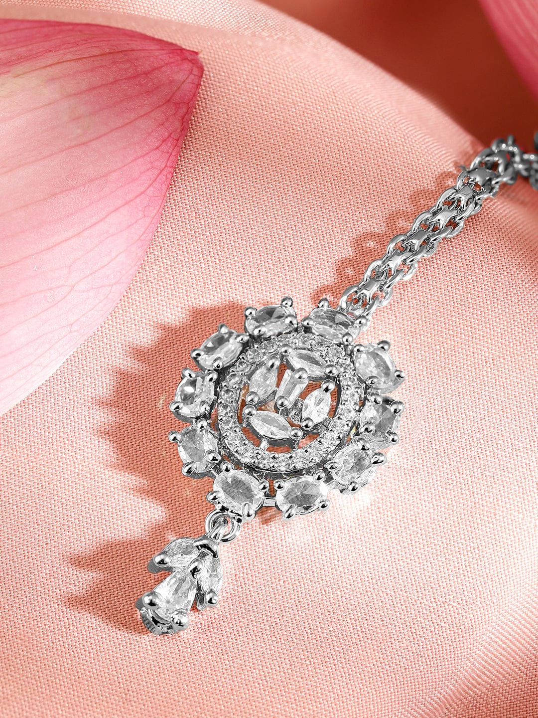 Rubans Rhodium-Plated Cubic Zirconia Maang Tikka Silver