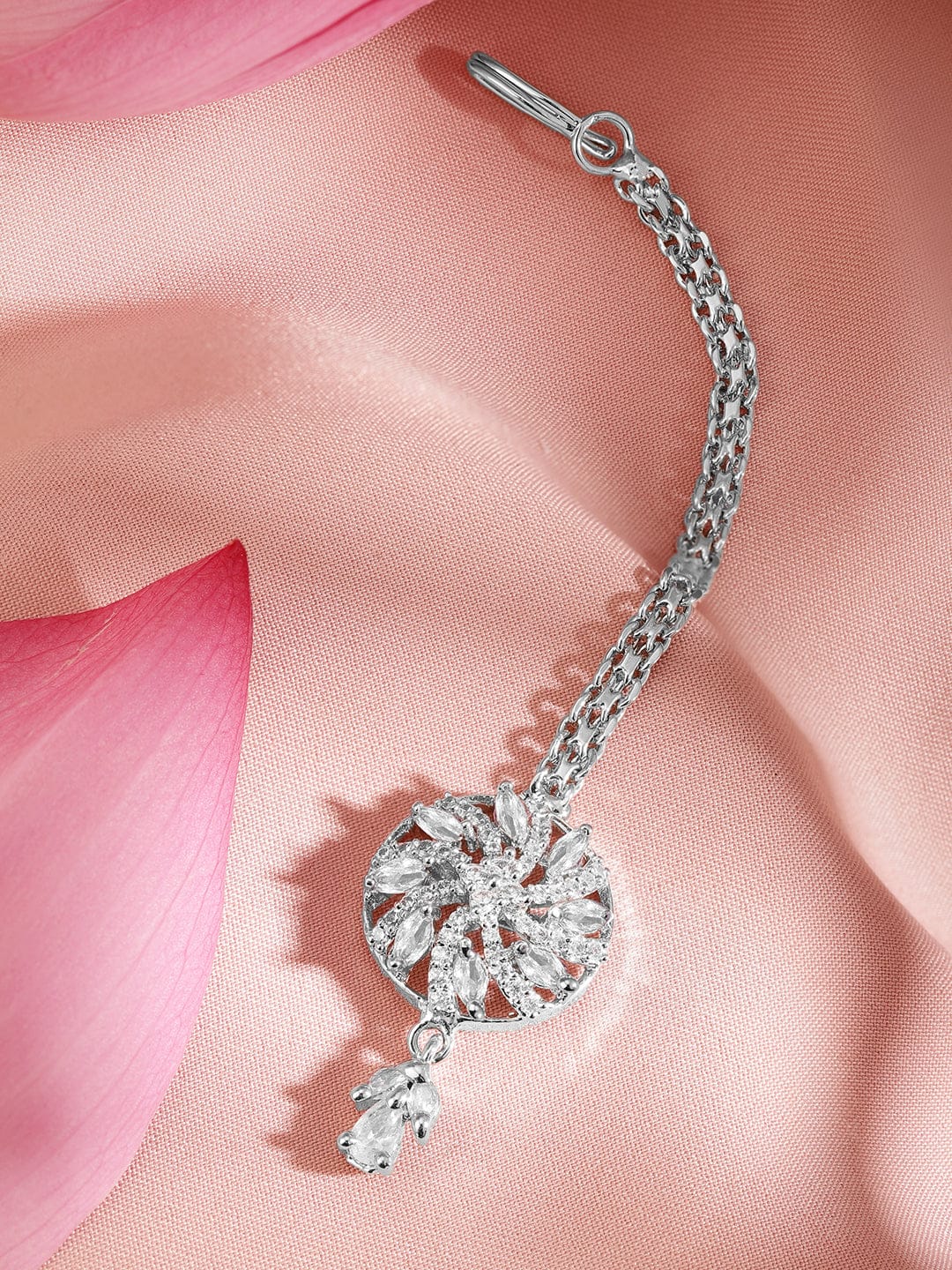 Rubans Rhodium-Plated Cubic Zirconia Maang Tikka Silver