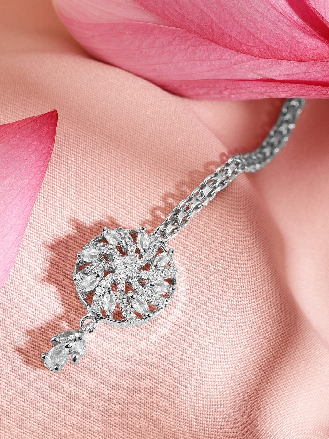 Rubans Rhodium-Plated Cubic Zirconia Maang Tikka Silver
