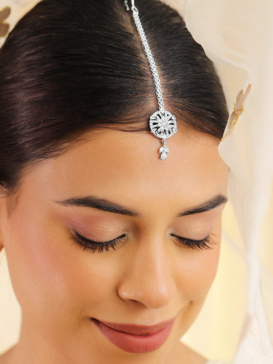 Rubans Rhodium Plated Cubic Zirconia Maang Tikka Silver