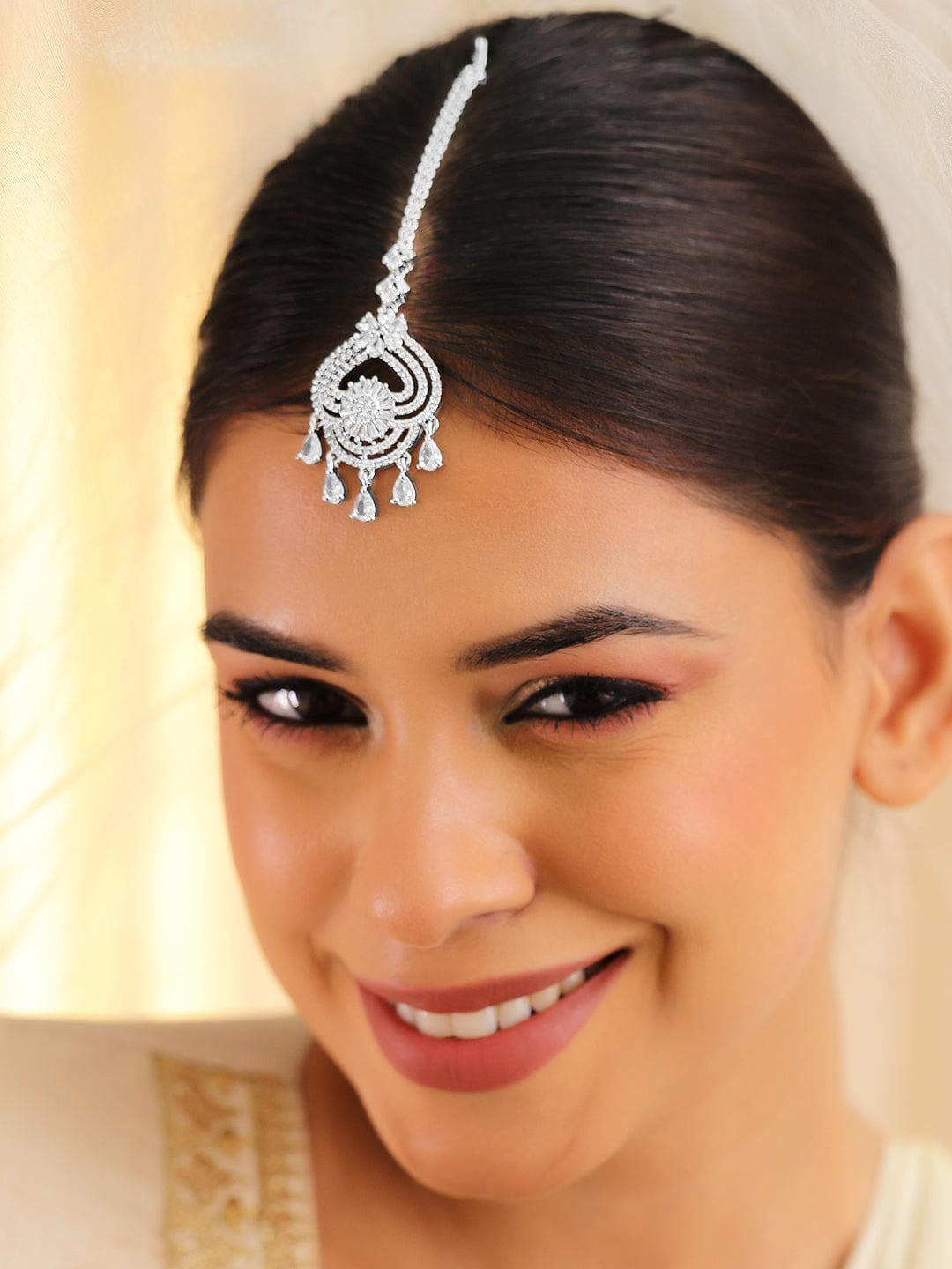Rubans Rhodium Plated Cubic Zirconia Maang Tikka Silver