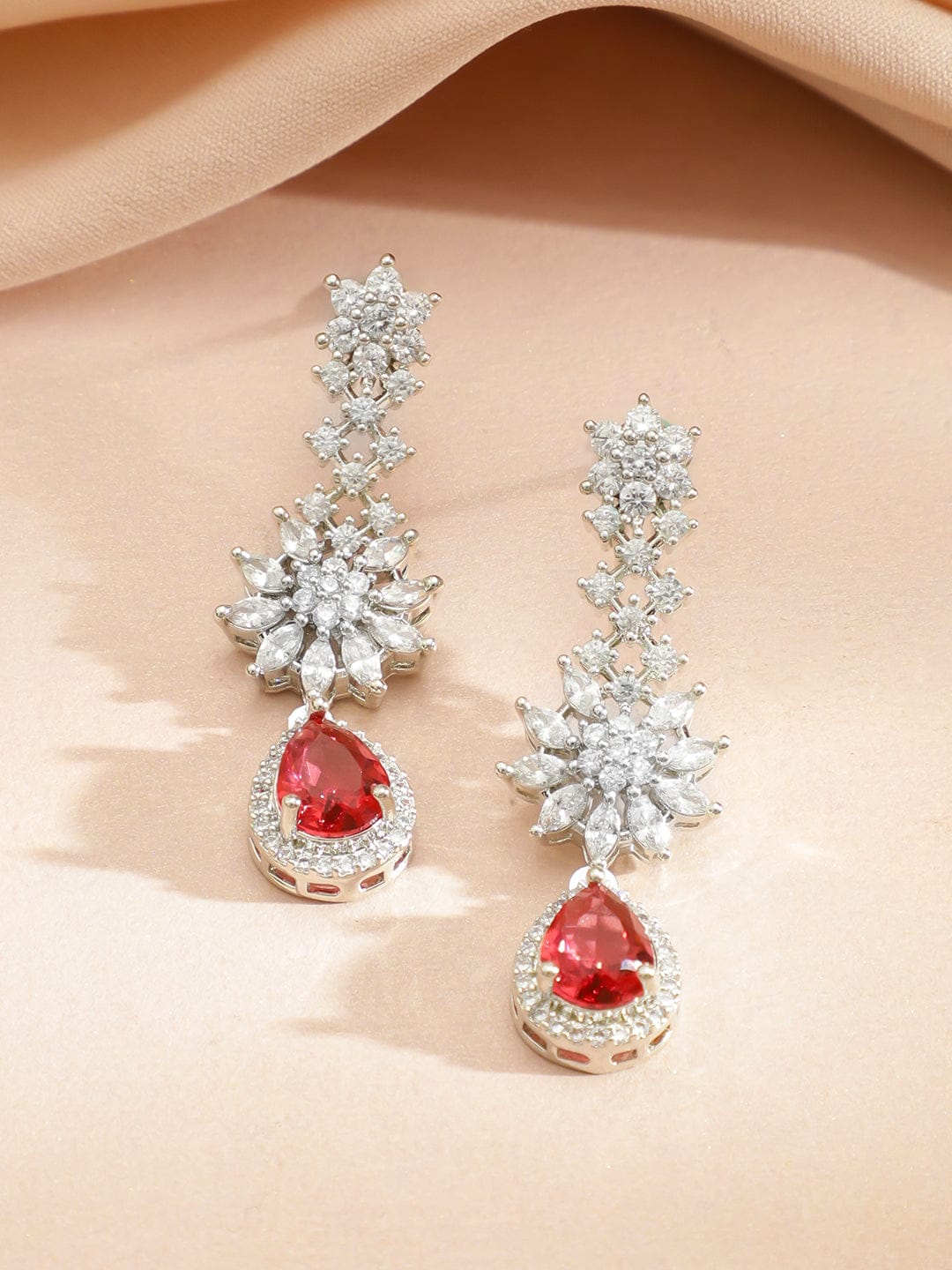 Red Teardrop American Diamond Zirconia Necklace Set フリーサイズ