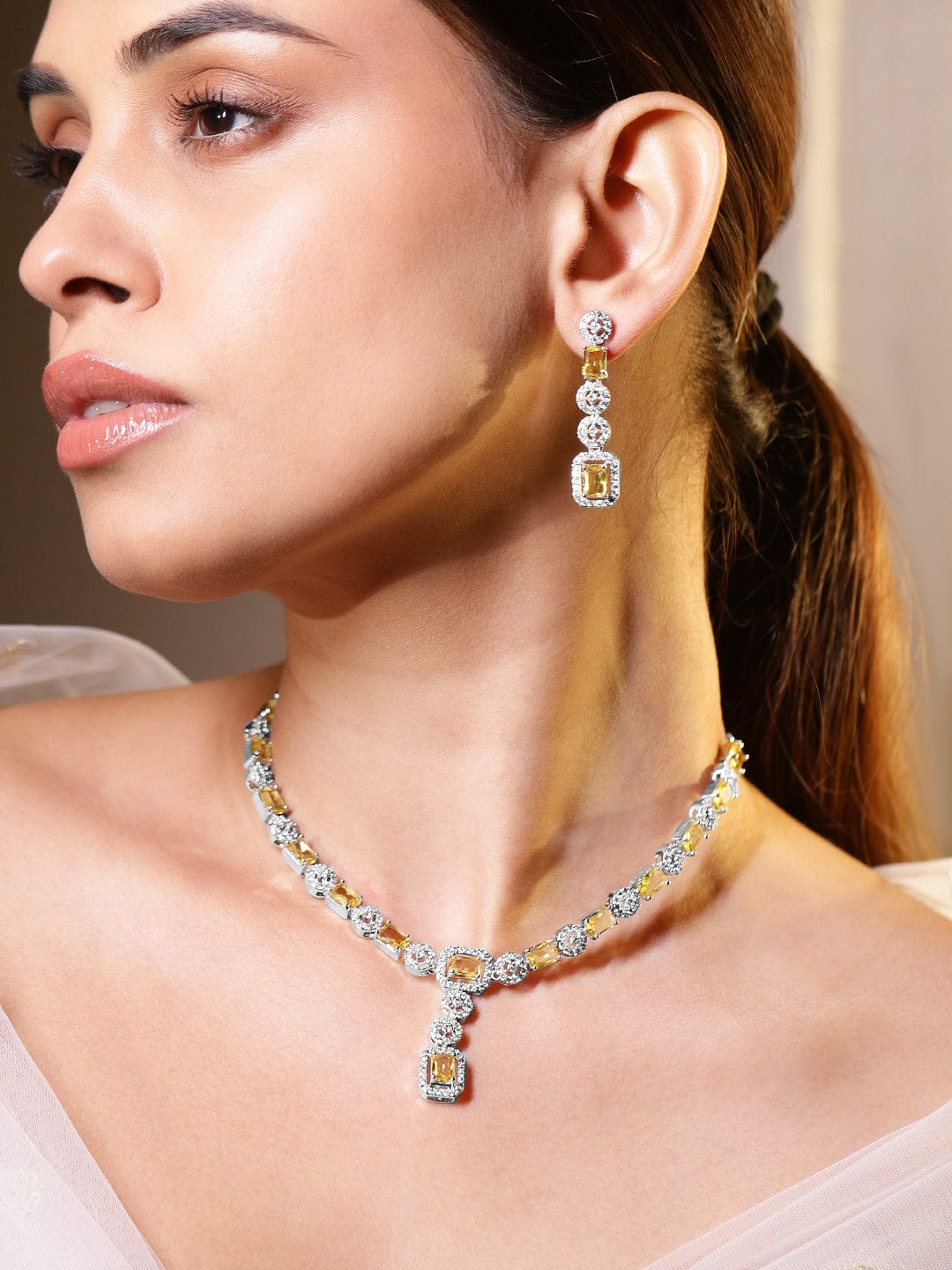 Citrine Studded American Diamond Zirconia Necklace Set Yellow