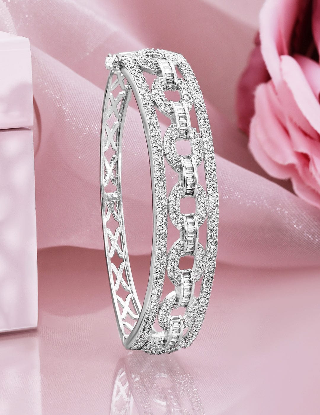 Rubans Rhodium Plated Cubic Zirconia Studded Chain Link Design Premium Openable Bracelet Silver