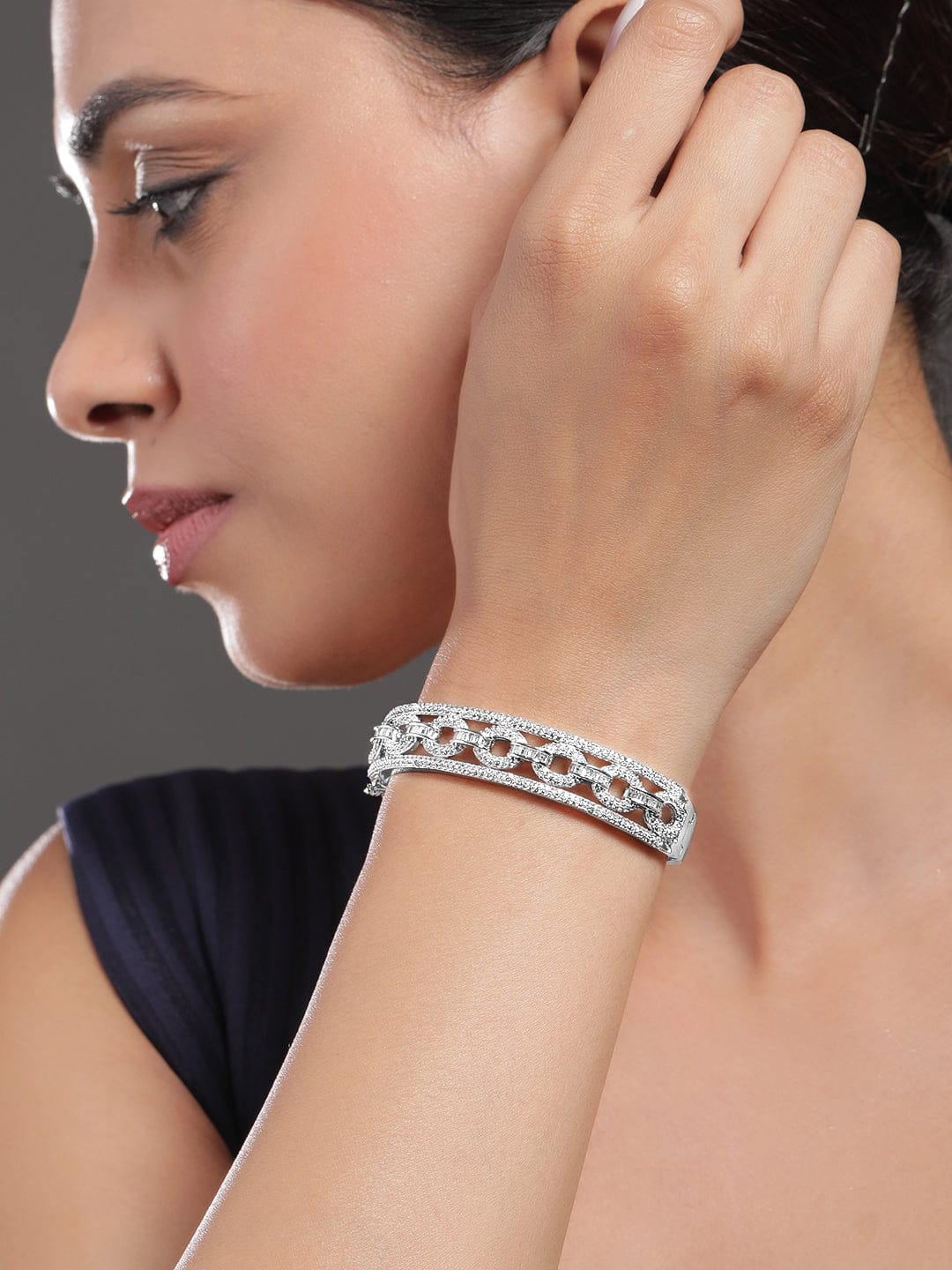 Rubans Rhodium Plated Cubic Zirconia Studded Chain Link Design Premium Openable Bracelet Silver