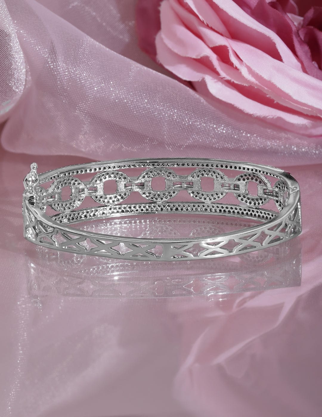 Rubans Rhodium Plated Cubic Zirconia Studded Chain Link Design Premium Openable Bracelet Silver