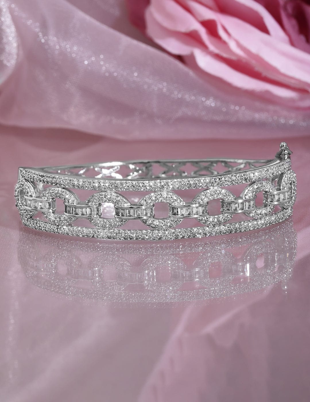 Rubans Rhodium Plated Cubic Zirconia Studded Chain Link Design Premium Openable Bracelet Silver