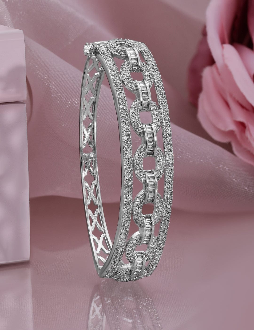 Rubans Rhodium Plated Cubic Zirconia Studded Chain Link Design Premium Openable Bracelet Silver