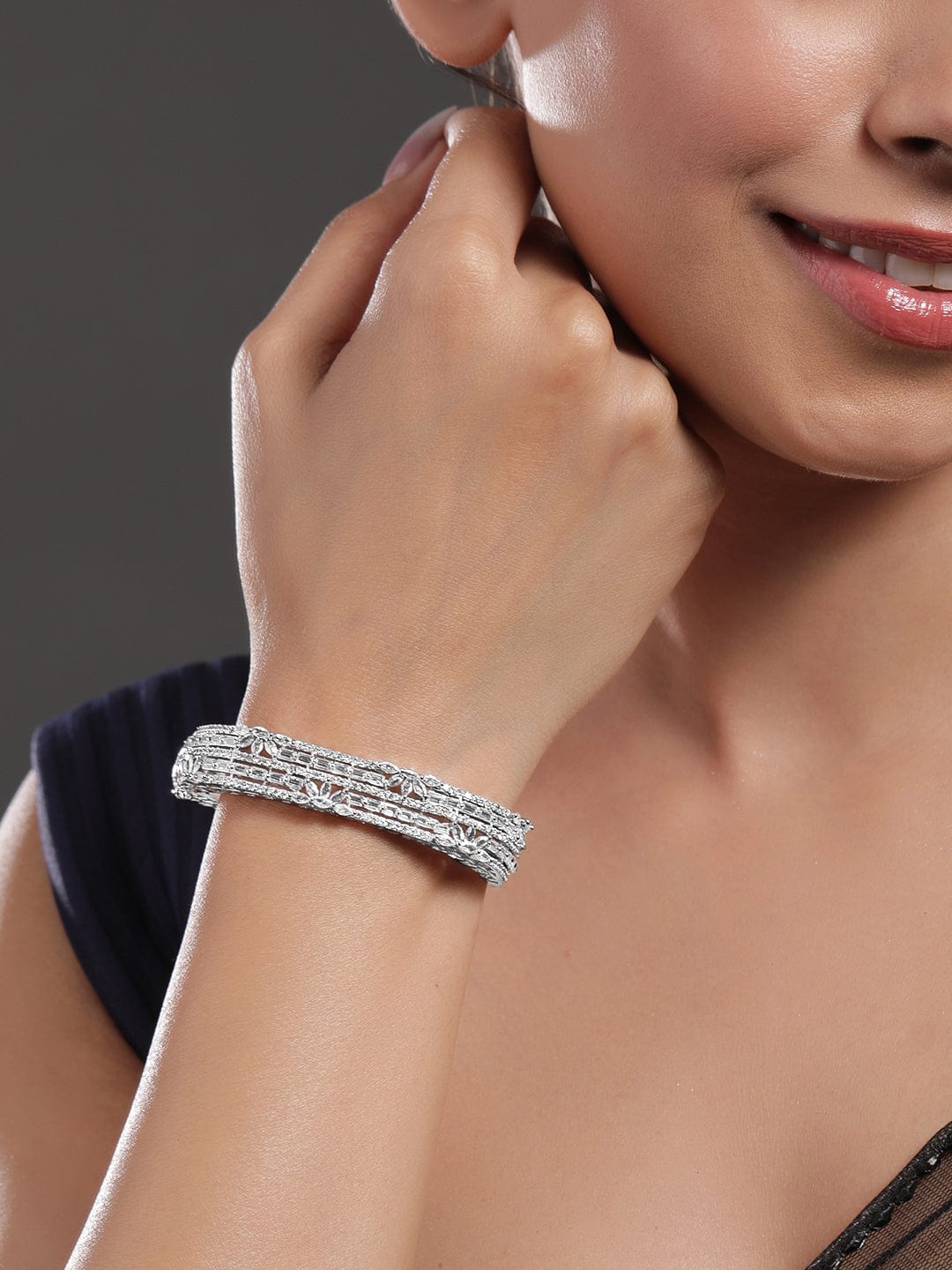 Rubans Rhodium Plated Cubic Zirconia Studded Floral Design Openable Bracelet Silver