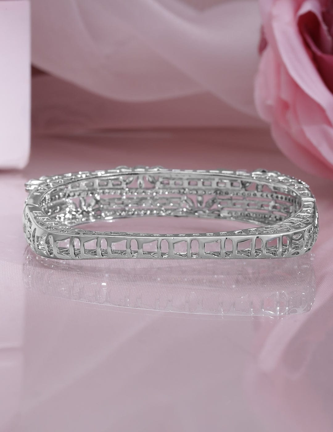 Rubans Rhodium Plated Cubic Zirconia Studded Floral Design Openable Bracelet Silver