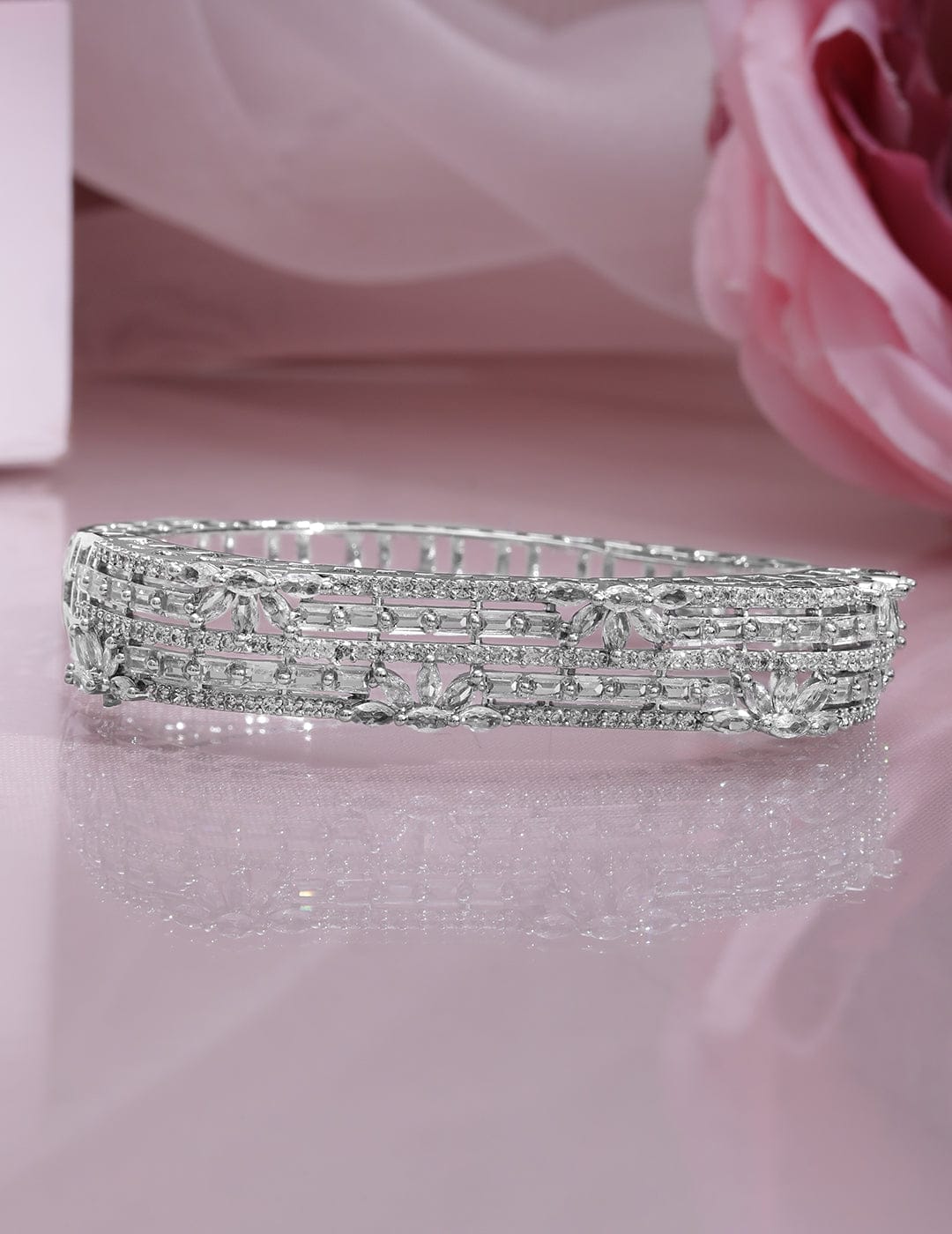 Rubans Rhodium Plated Cubic Zirconia Studded Floral Design Openable Bracelet Silver