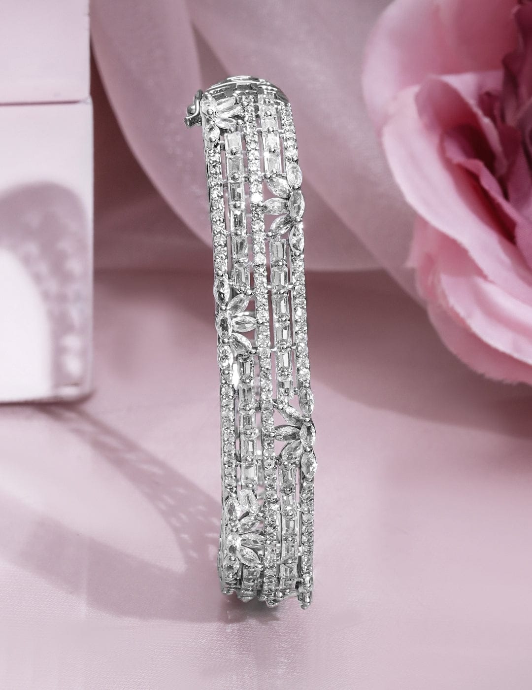 Rubans Rhodium Plated Cubic Zirconia Studded Floral Design Openable Bracelet Silver