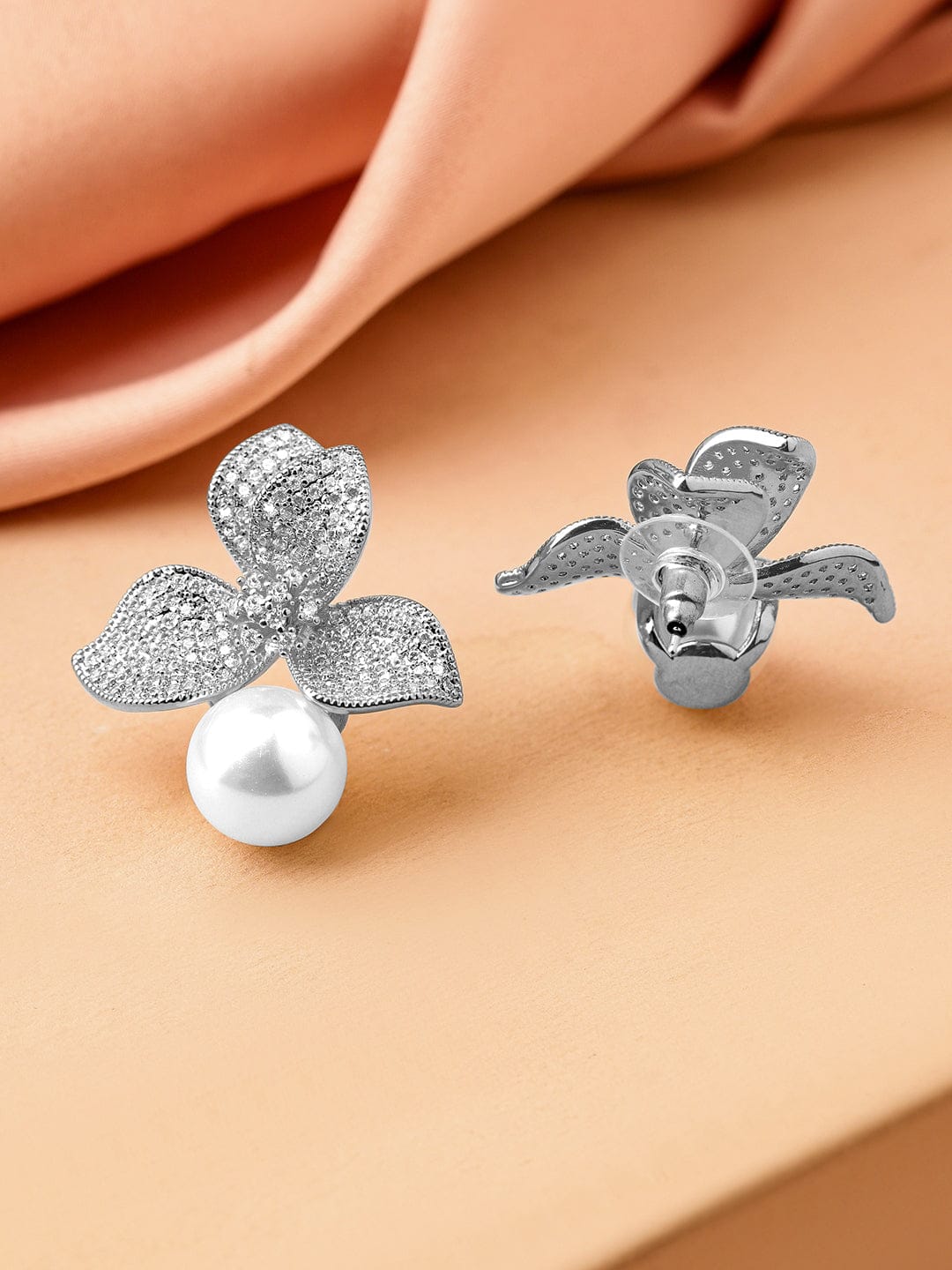 Leaf Motif Peal Drop Silver Stud Earrings Silver