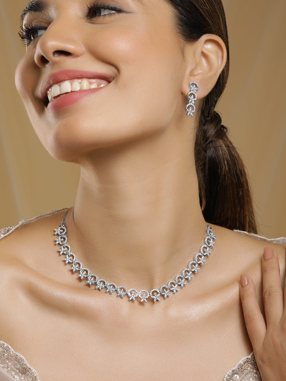 Studded American Diamond Zirconia Sparkling Necklace Set Silver