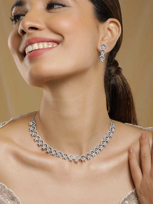 Studded American Diamond Zirconia Sparkling Necklace Set Silver