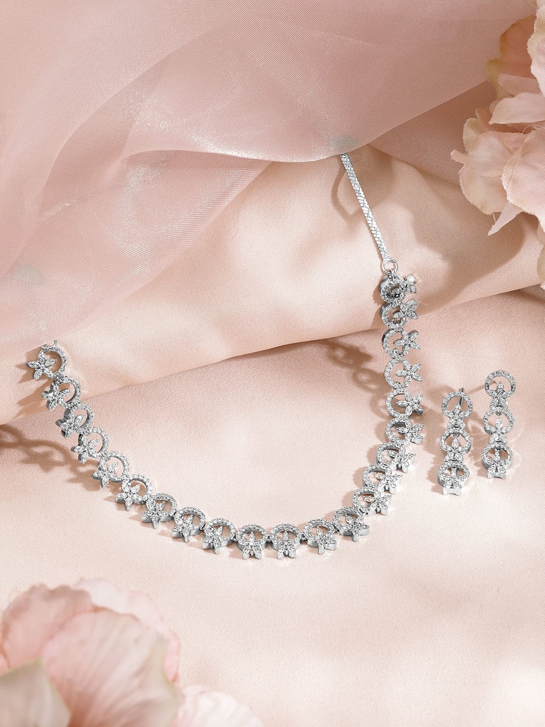 Studded American Diamond Zirconia Sparkling Necklace Set Silver