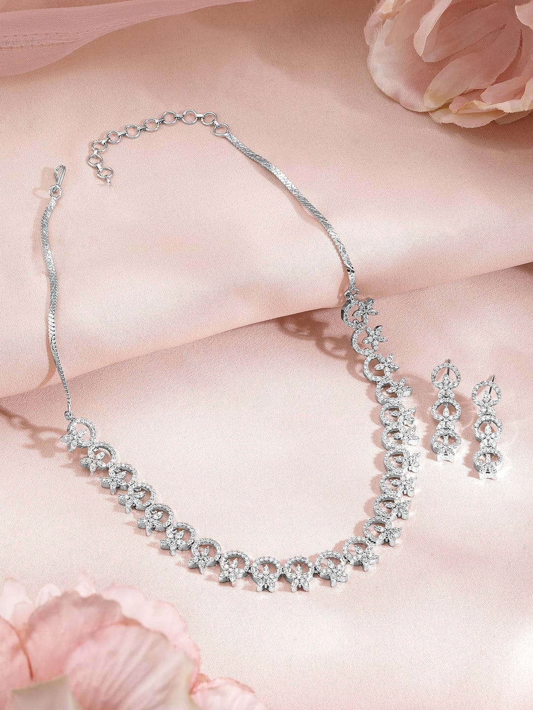 Studded American Diamond Zirconia Sparkling Necklace Set Silver