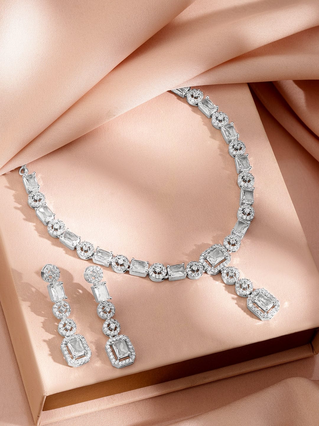 White Cubic American Diamond Zirconia Necklace Set Silver