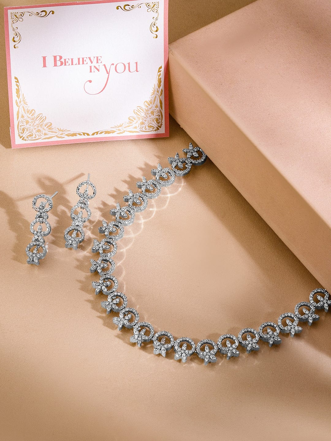 Studded American Diamond Zirconia Sparkling Necklace Set Silver