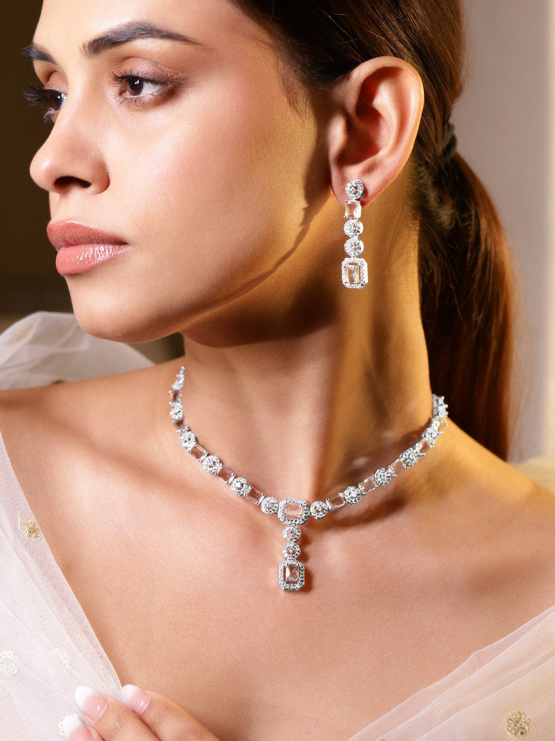 White Cubic American Diamond Zirconia Necklace Set Silver