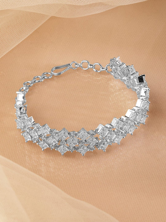 Rubans Rhodium-Plated Cubic Zirconia Studded Luxurious Bracelet Silver