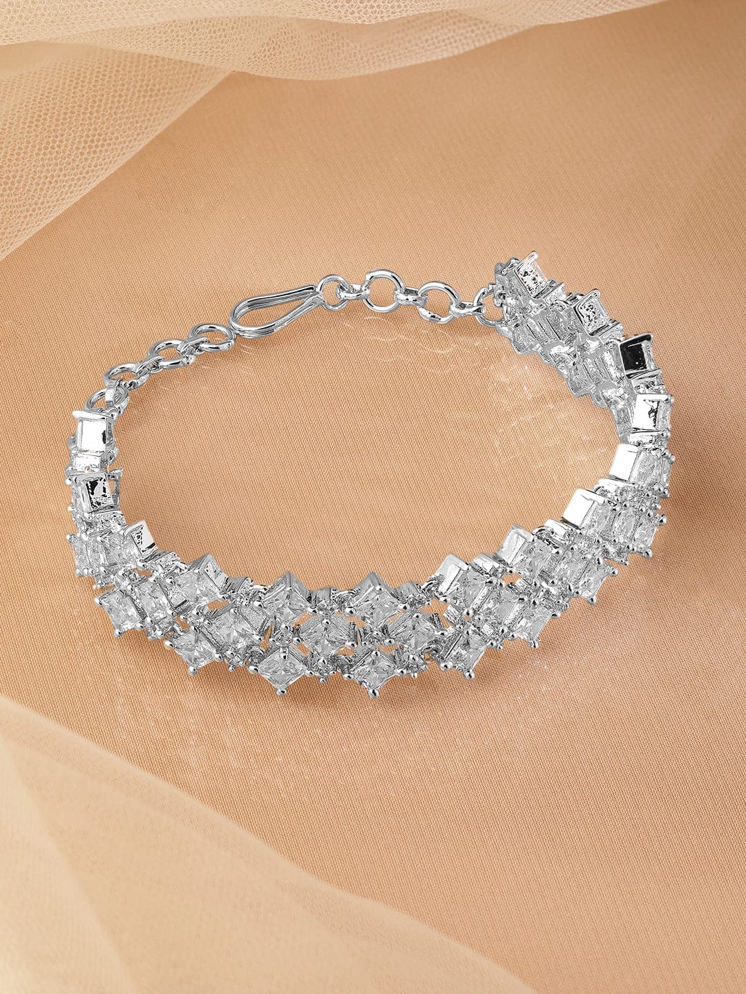 Rubans Rhodium-Plated Cubic Zirconia Studded Luxurious Bracelet Silver