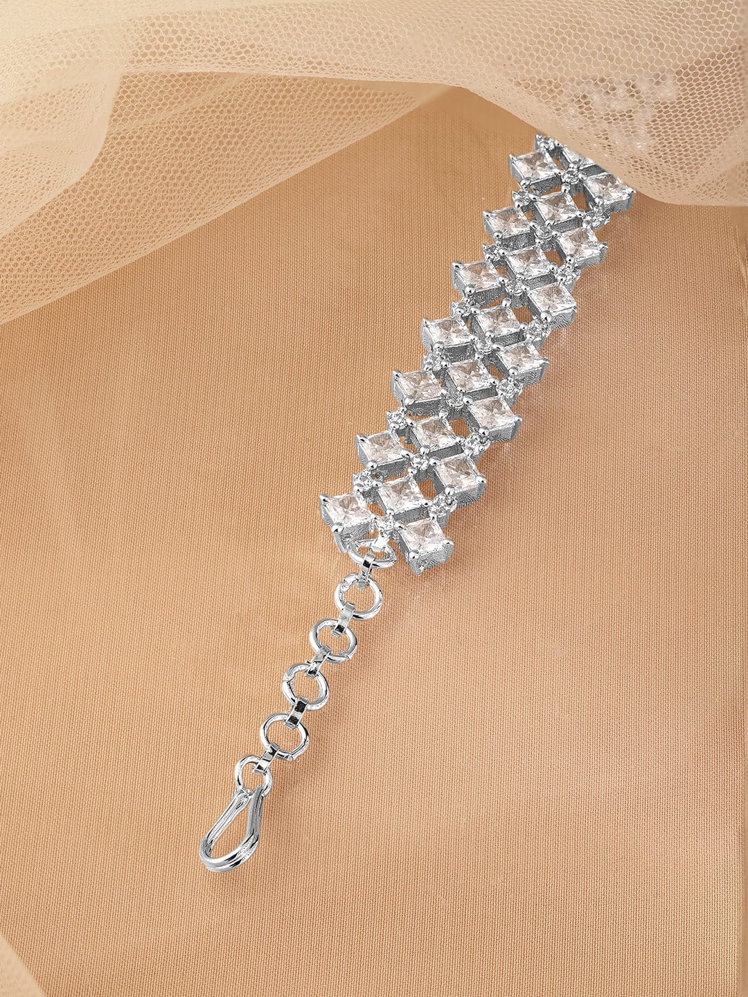 Rubans Rhodium-Plated Cubic Zirconia Studded Luxurious Bracelet Silver
