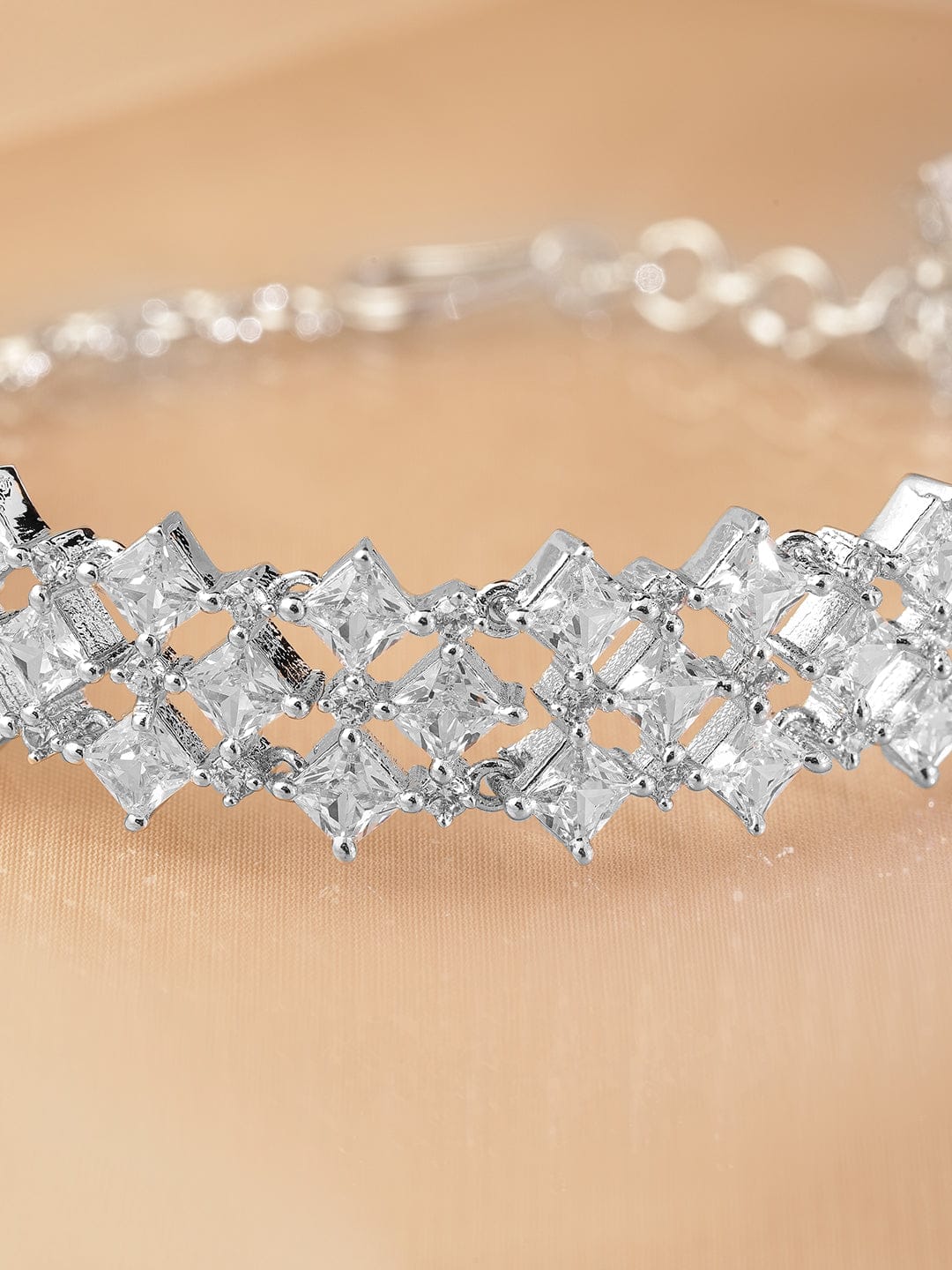 Rubans Rhodium-Plated Cubic Zirconia Studded Luxurious Bracelet Silver