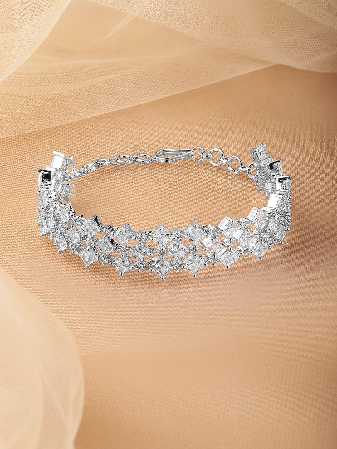 Rubans Rhodium-Plated Cubic Zirconia Studded Luxurious Bracelet Silver