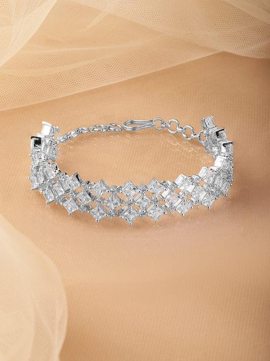 Rubans Rhodium-Plated Cubic Zirconia Studded Luxurious Bracelet Silver
