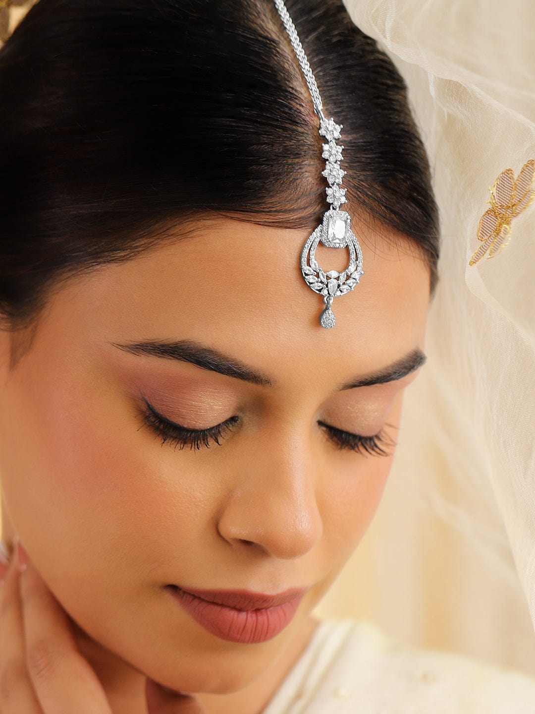 Rubans Rhodium Plated Cubic Zirconia Studded Maang Tikka Silver