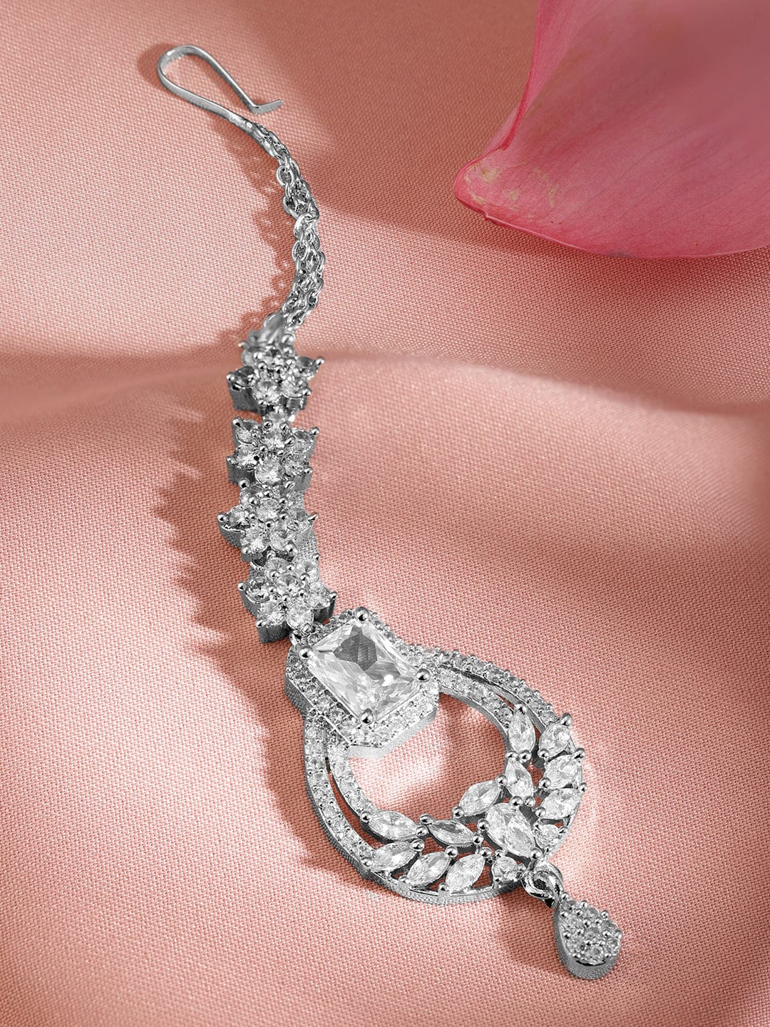 Rubans Rhodium Plated Cubic Zirconia Studded Maang Tikka Silver